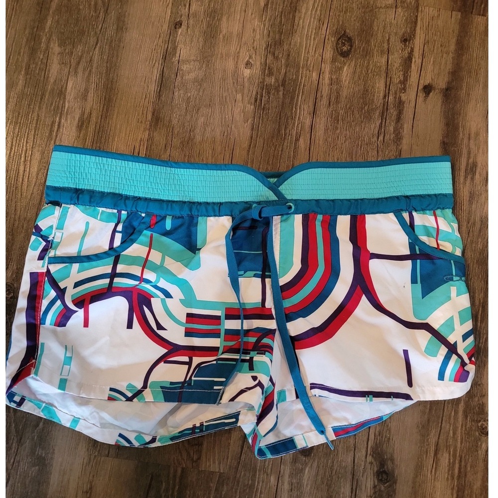 Oakley‎ Womens Board Shorts Teal White Abstract Geometric Swim Trunks Size Large